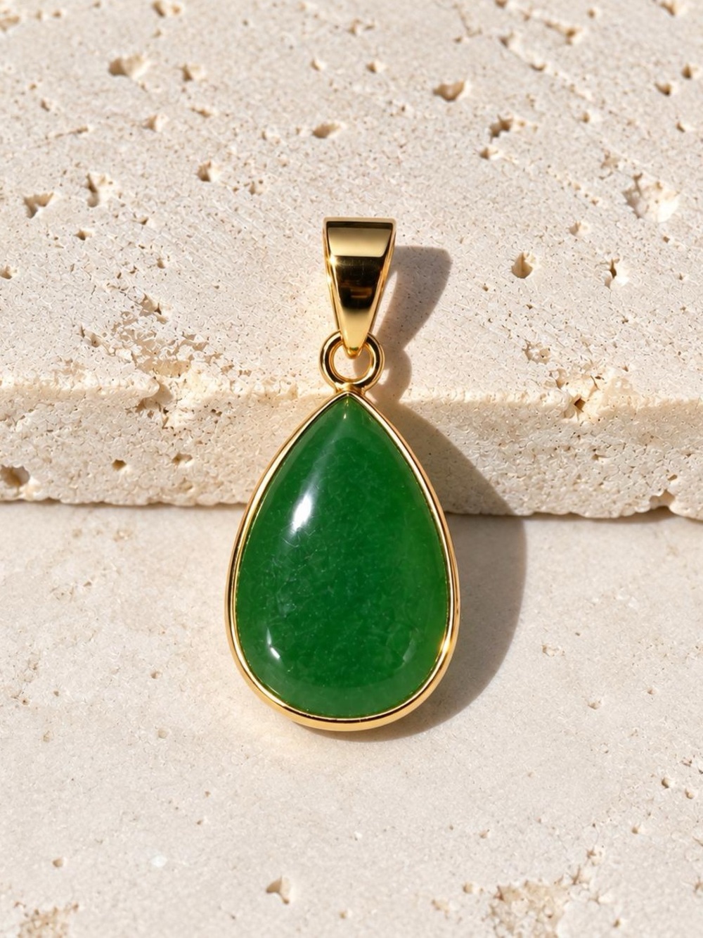 14K Real  Solid Gold Pear Shape Jade Pendant, Bezel Set Charm 21X10MM